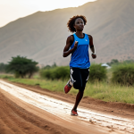 A focused young adult female Sudanese Olympic athlete, dressed in modest, professional athletic wear, fully clothed, appropriate attire. She is training on a simple, well-maintained dirt track at dawn, with soft, natural light and peaceful distant hills in the background. Mid-stride during a sprint, captured in a natural, dynamic pose, showing determination and strength. Perfect anatomy, correct proportions, well-formed hands, proper finger count, natural body proportions, professional photography, cinematic lighting, high resolution, safe for work, appropriate content, modest, professional.