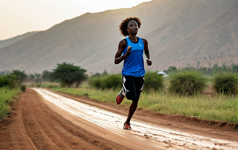 A focused young adult female Sudanese Olympic athlete, dressed in modest, professional athletic wear, fully clothed, appropriate attire. She is training on a simple, well-maintained dirt track at dawn, with soft, natural light and peaceful distant hills in the background. Mid-stride during a sprint, captured in a natural, dynamic pose, showing determination and strength. Perfect anatomy, correct proportions, well-formed hands, proper finger count, natural body proportions, professional photography, cinematic lighting, high resolution, safe for work, appropriate content, modest, professional.